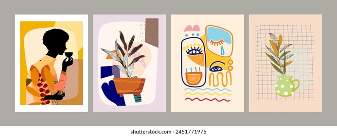 Set of abstract cover background wall art, plants, flowers, floral. person figure, face portrait vector illustration. Aesthetic design for art print, wallpaper, decoration.