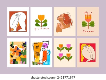 Set of abstract cover background wall art, plants, flowers, floral. person figure, face portrait vector illustration. Aesthetic design for art print, wallpaper, decoration.