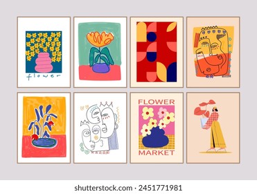 Set of abstract cover background wall art, plants, flowers, floral. person figure, face portrait vector illustration. Aesthetic design for art print, wallpaper, decoration.