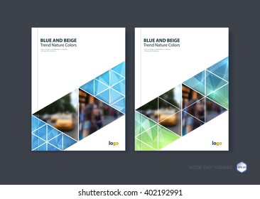 Set of abstract cover design, business brochure template layout, report, booklet in A4 with blue green diagonal triangular geometric shapes on polygonal background. Creative vector Illustration.