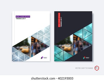Set of abstract cover design, business brochure template layout, report, booklet in A4 with gray green diagonal triangular geometric shapes on polygonal background. Creative vector Illustration.