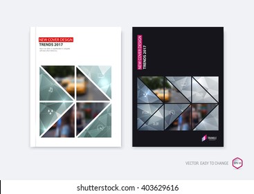 Set of abstract cover design, business brochure template layout, report, booklet in A4 with gray triangular geometric arrows shapes on polygonal background. Creative vector Illustration.