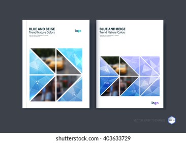 Set of abstract cover design, business brochure template layout, report, booklet in A4 with blue triangular geometric arrows shapes on polygonal background. Creative vector Illustration.