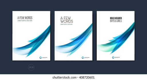 Set of abstract cover design, business brochure template layout, report, magazine or booklet in A4 with blue dynamic blurred waves, soft lines and shapes. Vector.