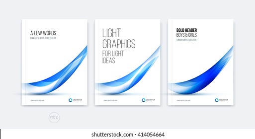 Set of abstract cover design, business brochure template layout, report, magazine or booklet in A4 with blue dynamic blurred waves, soft lines and smooth shapes. Vector.