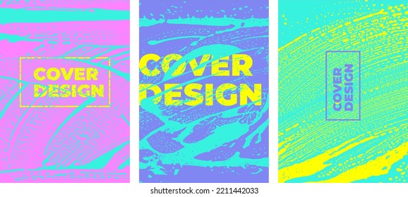 Conjunto de plantillas de diseño de portada abstracta. Colección de afiche con líquido colorido sobre vidrio. Láminas de jabón. Puntos de apoyo. Agua de espuma. Golpes en pincel de pintura brillante. Texturas de espuma