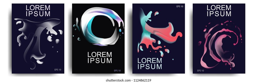 Set of abstract cover designs with different shapes of liquid splashes on black background