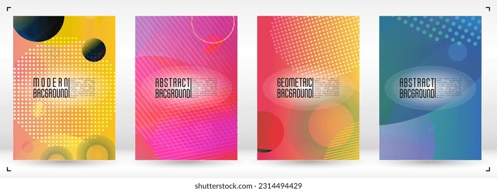 Set of Abstract Cover with Gradient Mesh Holographic Circles. Hipster Graphic Template Design with Lines, Dots, Round Shapes. Innovation Style for your Business Cover.