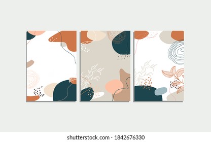 Set of abstract cover pages design .modern abstract tropical background with botanical leaves and hand drawn geometric shapes and lines.