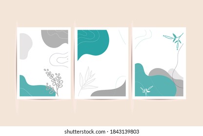 Set of abstract cover pages design .modern abstract tropical background with botanical leaves and hand drawn geometric shapes and lines.