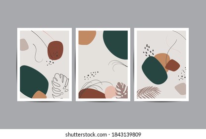 Set of abstract cover pages design .modern abstract tropical background with botanical leaves and hand drawn geometric shapes and lines.