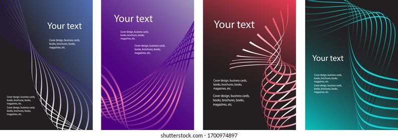 Set of abstract covers. Cover design, background. Black and red, cyan colors, wavy parallel gradient lines. Trendy banner, poster.