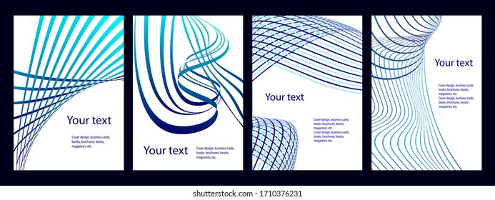 Set of abstract covers. Cover design, background. Shades of blue, green, wavy parallel gradient lines. Trendy banner, poster.
