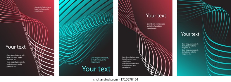 Set of abstract covers. Cover design, background. Shades of green, red, wavy parallel gradient lines. Trendy banner, poster.