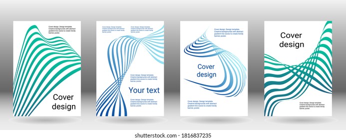 Set of abstract covers. Cover design, background. Shades of blue, green, wavy parallel gradient lines. Trendy banner, poster. EPS vector