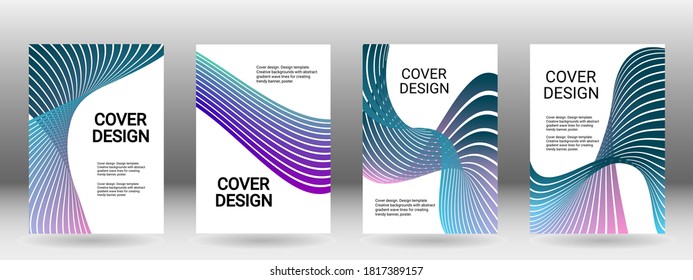 Set of abstract covers. Cover design, background. Shades of blue, green, wavy parallel gradient lines. Trendy banner, poster. EPS vector