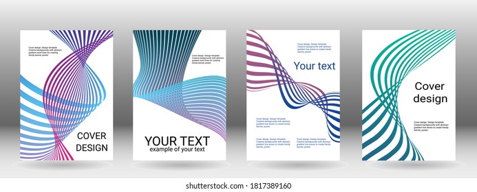 Set of abstract covers. Cover design, background. Shades of blue, green, wavy parallel gradient lines. Trendy banner, poster. EPS vector