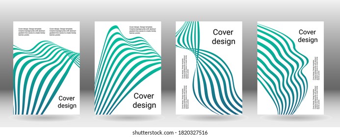 Set of abstract covers. Cover design, background. Shades of blue, green, wavy parallel gradient lines. Trendy banner, poster. EPS vector