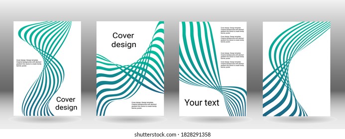 Set of abstract covers. Cover design, background. Shades of blue, green, wavy parallel gradient lines. Trendy banner, poster. EPS vector