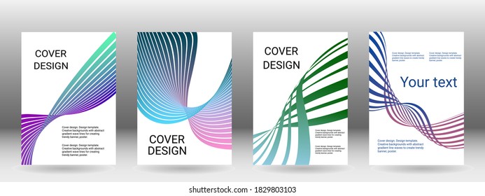 Set of abstract covers. Cover design, background. Shades of blue, green, wavy parallel gradient lines. Trendy banner, poster. EPS vector