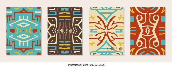 Set of abstract covers, vertical vector templates. Collection of backgrounds with 3d geometric minimalist pattern. Tribal ethnic style of East, Asia, India, Mexico, Aztecs, Peru.