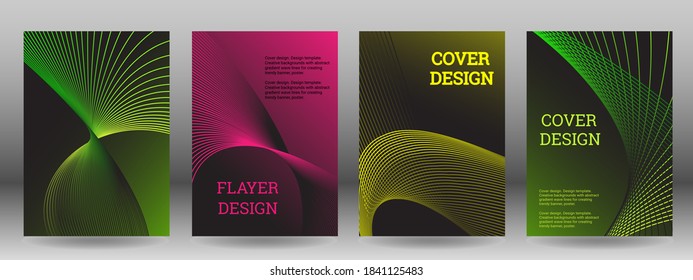 Set of abstract covers. Wavy parallel gradient lines. Cover design, background, trendy banner, poster.