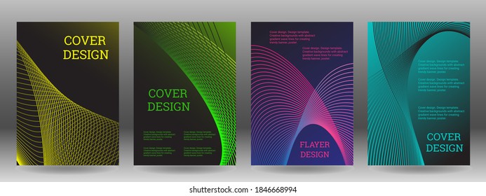 Set of abstract covers. Wavy parallel gradient lines. Cover design, background, trendy banner, poster.