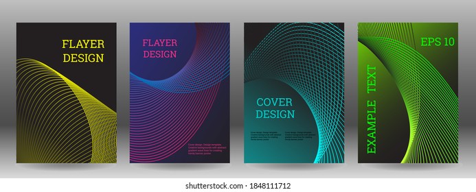 Conjunto de cubiertas abstractas. Líneas de gradiente paralelas onduladas. Diseño de portada, fondo, pancarta de moda, afiche.