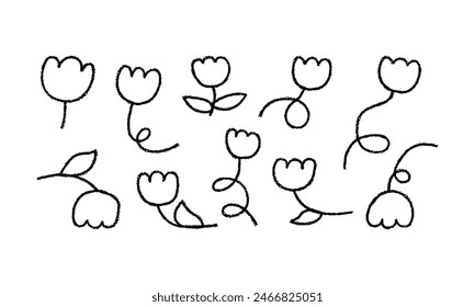 Set of abstract crayon naive flowers. Vector illustration of doodle florals in quirky charcoal style