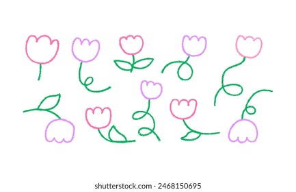 Conjunto de flores abstractas naive de crayón. Ilustración vectorial de doodle florals en estilo de carbón peculiar