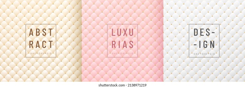 Conjunto de patrones abstractos de rhombus cuadrado de color crema, blanco y rosado con fondo de cuentas doradas. Colección de fondo de textura geométrica de lujo. Diseño para la plantilla de portada, afiche, banner, anuncio impreso.