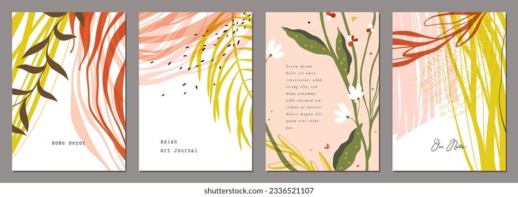 Set of abstract creative artistic templates with tropical leaves. Good for poster, card, invitation, flyer, cover, banner, brochure, email header, post in social networks, advertising.