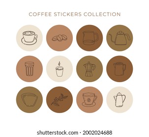 Set of abstract creative backgrounds coffee linear icons. Vector design templates for social media stories. Coffee shop stickers.