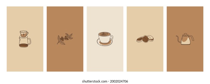 Set of abstract creative backgrounds coffee linear icons. Vector design templates for social media stories. 