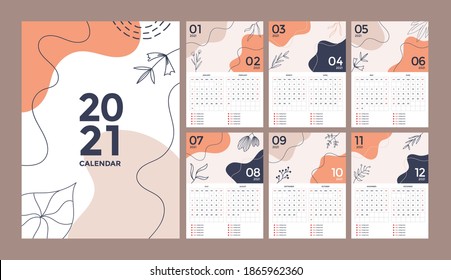 Set of abstract creative calendar design of 2021 year. Vector template collection. Week starts on Sunday.