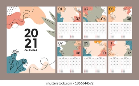 Conjunto de diseño abstracto de calendario creativo de 2021 año. Colección de plantillas de vectores. La semana comienza el domingo.