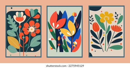 Juego de cartas creativas abstractas con flores y hojas. Ilustración vectorial. Estilo de color plano