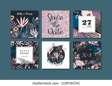 Set of abstract creative cards. Hand drawn art texture and floral elements. Modern and stylish abstract templates for poster, cover, invitation design.