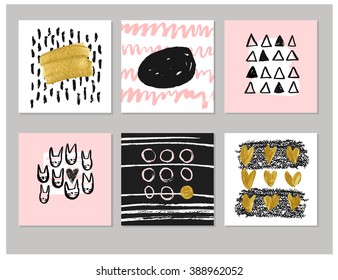 Set of abstract  creative cards with hand drawn. Hipster textures made with Ink. Triangle square, circle, stroke. Retro patterns for postcards, posters, flayers, banner designs. Gold elements, hearts.