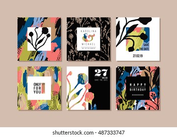 Set abstrakter Kreativkarten. Handgezeichnete Kunsttextur und Blumenelemente. Moderne und stilvolle abstrakte Vorlagen für Poster, Cover, Einladungs-Design.