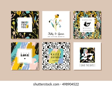 Set of abstract creative cards. Hand drawn art texture and floral elements. Modern and stylish abstract templates for poster, cover, invitation design.