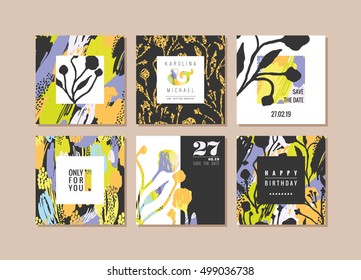 Set of abstract creative cards. Hand drawn art texture and floral elements. Modern and stylish abstract templates for poster, cover, invitation design.