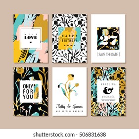 Set of abstract creative cards. Hand drawn art texture and floral elements. Modern and stylish abstract templates for poster, cover, invitation design.