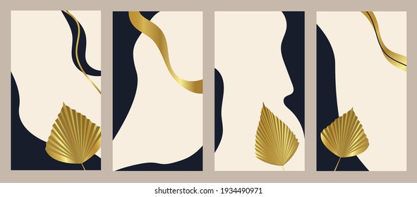 Set of abstract Creative cover design story template, Social media posts, Stories and photos. Collection backgrounds with luxury gold color Tropical palm leaf. Vector illustration.