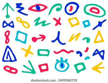 Conjunto de Formas geométricas dibujadas a mano creativas abstractas, garabatos. Imagen de Vector.