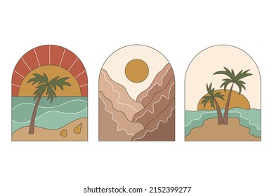 Set of abstract creative landscapes in minimal trendy style mountain, sun and palm tree. Sea and ocean backgrounds for social media and web site. Vector illustration.