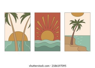 Set of abstract creative landscapes in minimal trendy style mountain, sun and palm tree. Sea and ocean backgrounds for social media and web site. Vector illustration.