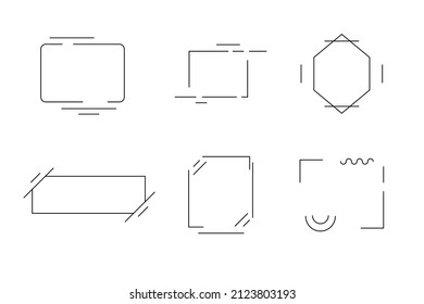 Conjunto de marcos abstractos, creativos y lineales de texto y logotipo, formas geométricas simples y concisas de los marcos de contorno, aislados en fondo blanco. Gráficos vectoriales