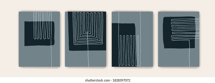 Set Of Abstract Creative Minimalist Art Composition With Geometric Elements. Modern Wall Art Design.  Background For Card, Brochure, Cover, Print.