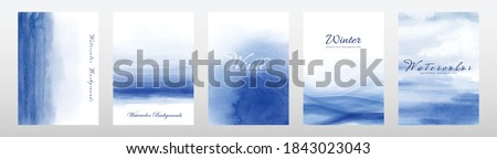 Set of abstract creative minimalist blue watercolor hand painted